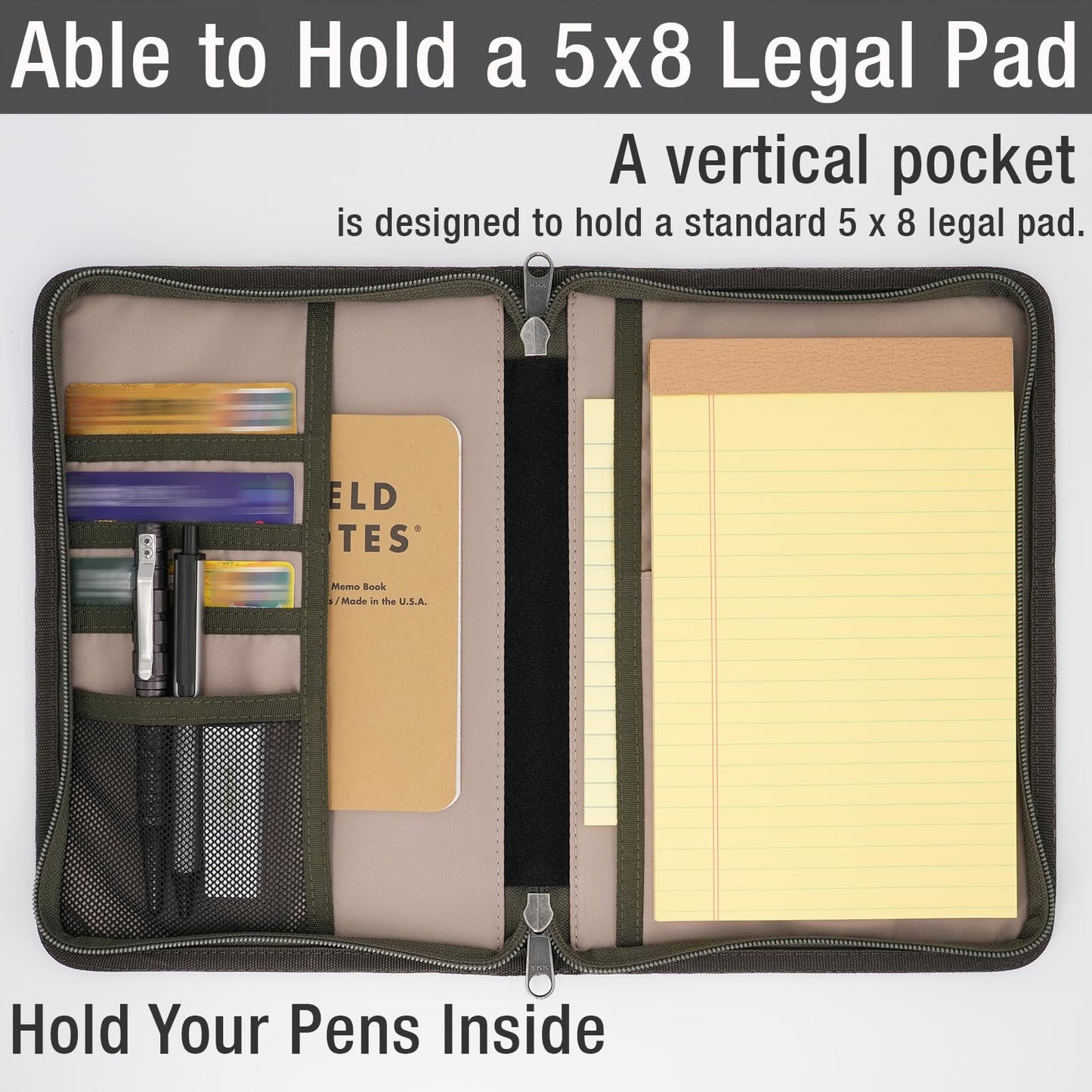 Tintris A5 YKK Zipper Journal Cover for 5.5 x 8.25 Moleskine Cahier Notebook Sketchbook, Classy Waxed Canvas Cover for A5 Planner with Pen Holder, also for 5 x 8 Legal pads, Water Resistant, Olive