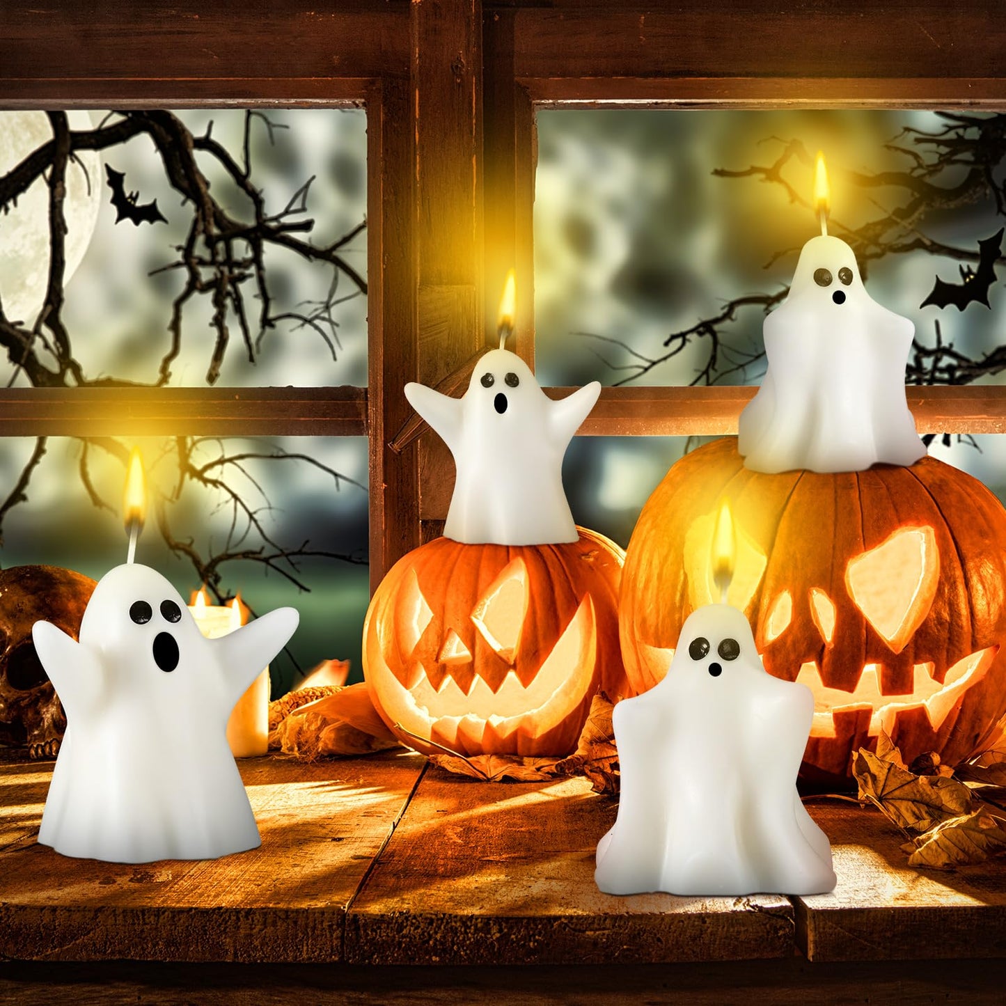 Minatee 4 Pieces Large Halloween Ghost Candles Ghost Spooky Decor Burning White Scented Wax Candles Gifts for Boo Basket Stuffers Halloween Room Table Indoor Decorations, 2 Style