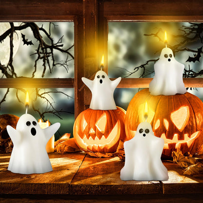 Minatee 4 Pieces Large Halloween Ghost Candles Ghost Spooky Decor Burning White Scented Wax Candles Gifts for Boo Basket Stuffers Halloween Room Table Indoor Decorations, 2 Style