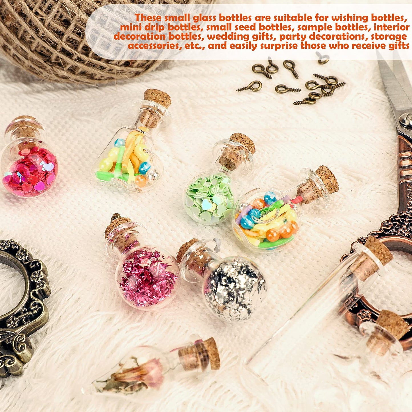Honeydak 100 Pcs Small Mini Glass Bottles Jars with Cork Stopper Set Potion Bottle Tiny Refillable Wishing Bottles Drifting Bottle with Eye Screw Funnel Rope for DIY Bead Containers, 10 Shapes