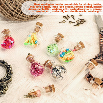 Honeydak 100 Pcs Small Mini Glass Bottles Jars with Cork Stopper Set Potion Bottle Tiny Refillable Wishing Bottles Drifting Bottle with Eye Screw Funnel Rope for DIY Bead Containers, 10 Shapes