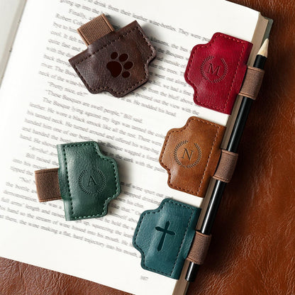 BygoneMark Magnetic Leather Bookmark with Pen Holder, Personalized Custom Initial Page Marker & Pen Clip, Professional Book Accessory for Students (Blue-X)