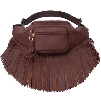 Solene Fringe Waist bag for women with Multi Zipper Pockets - (KL088, Coffee)