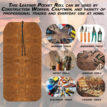UJ Ramelson 12 Pocket Suede Leather Tool Roll Up Holder Organizer Bag Pouch for Woodworking, Wood Carving, Chisel, Gouge, and More, Brown