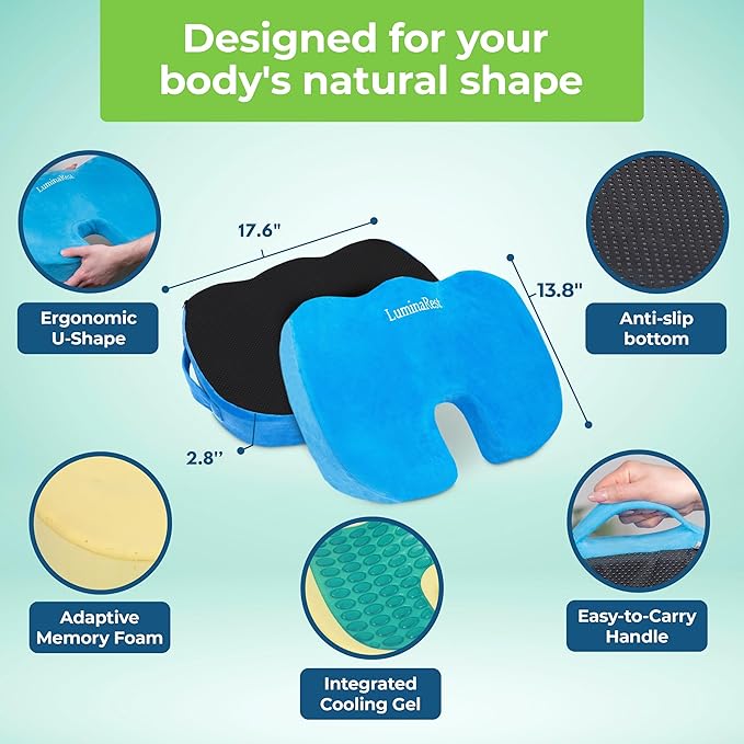 LuminaRest® Gel Seat Cushion for Long Sitting | Premium CertiPUR-US® Certified Memory Foam | Ergonomic Office Chair Cushion for Tailbone & Coccyx Pain Relief, Sciatica & Back Support – (Blue)