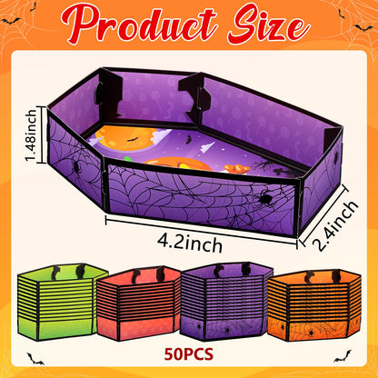 Geefuun 50Pcs Halloween Coffin Serving Food Trays - Vampire Pumpkin Ghost Spider Disposable Snack Paper Dish for Party Decoration Supplies