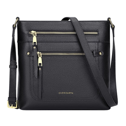 Over Earth Leather Crossbody Bags for Women Medium Shoulder Purse Multi Pocket Shoulder Handbag with Adjustable Strap(O199E Black RP)