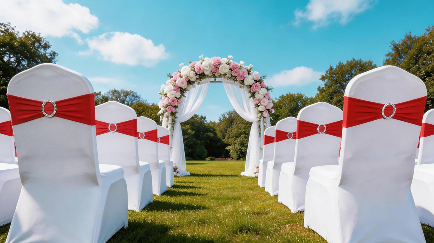 SINSSOWL Wedding Red Chair Sashes 100 Pack Spandex Chair Bows Bands with Buckles for Party Birthday Bridal Shower Engagement Banquets Anniversary Christmas Outdoor Events Decorations (Red)
