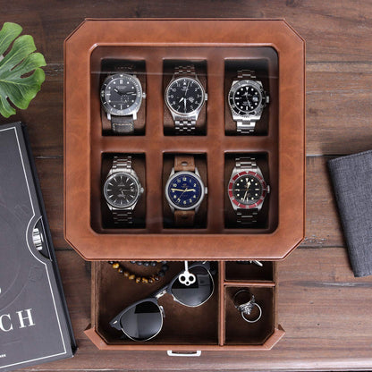 ROTHWELL 6 Slot Leather Watch Box with Valet Drawer - Luxury Case Display Organizer, Microsuede Liner, Locking Mens Jewelry Watches Holder, Men's Watch Storage Large Glass Top (Tan/Brown)