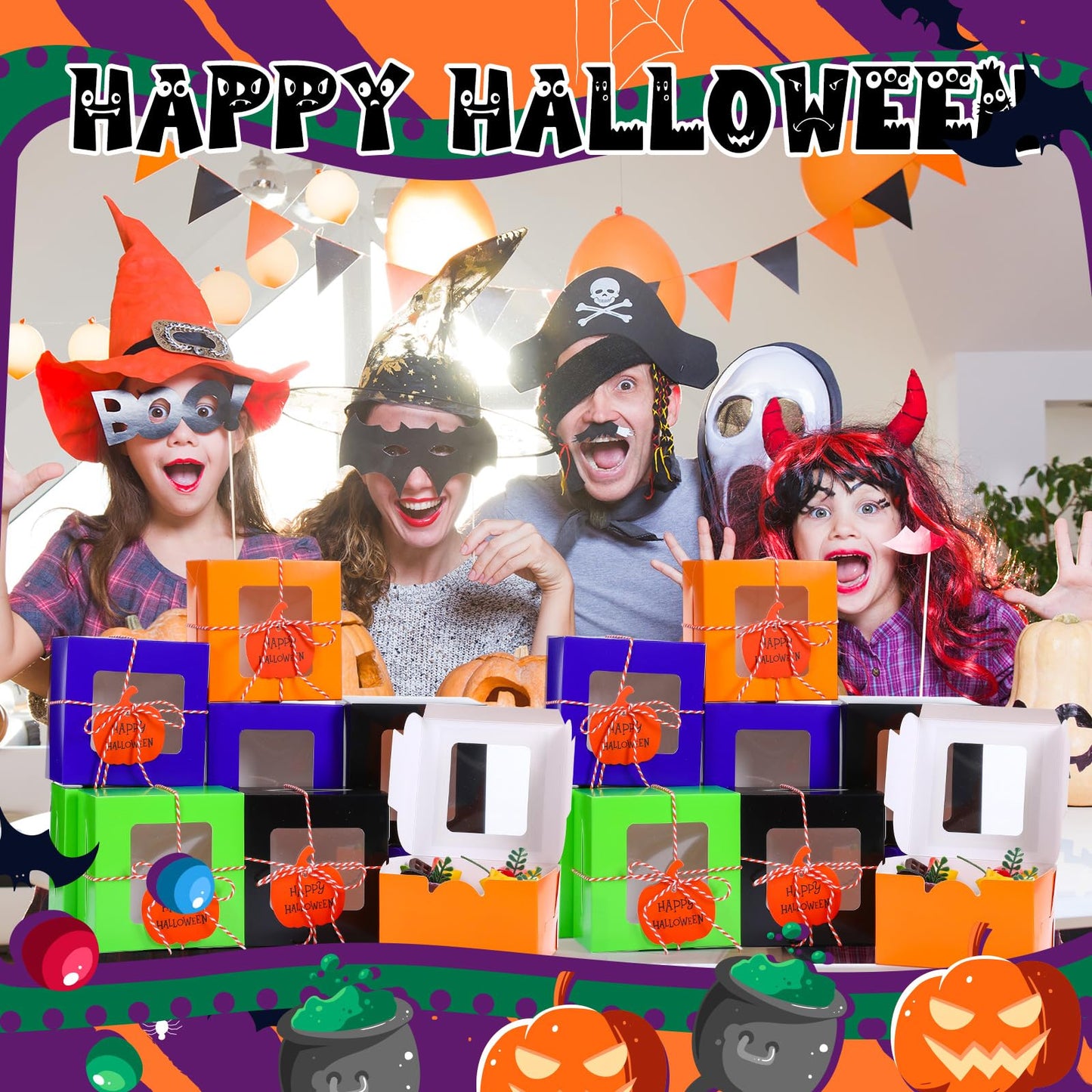 Resholder 48 Pcs Halloween Cookie Boxes with Window 4 x 4 x 2.8 Inch Tricks or Treat Boxes Candy Gift Bakery Dessert with Pumpkin Gift Cards, 3 Bundle Ropes for Halloween Party