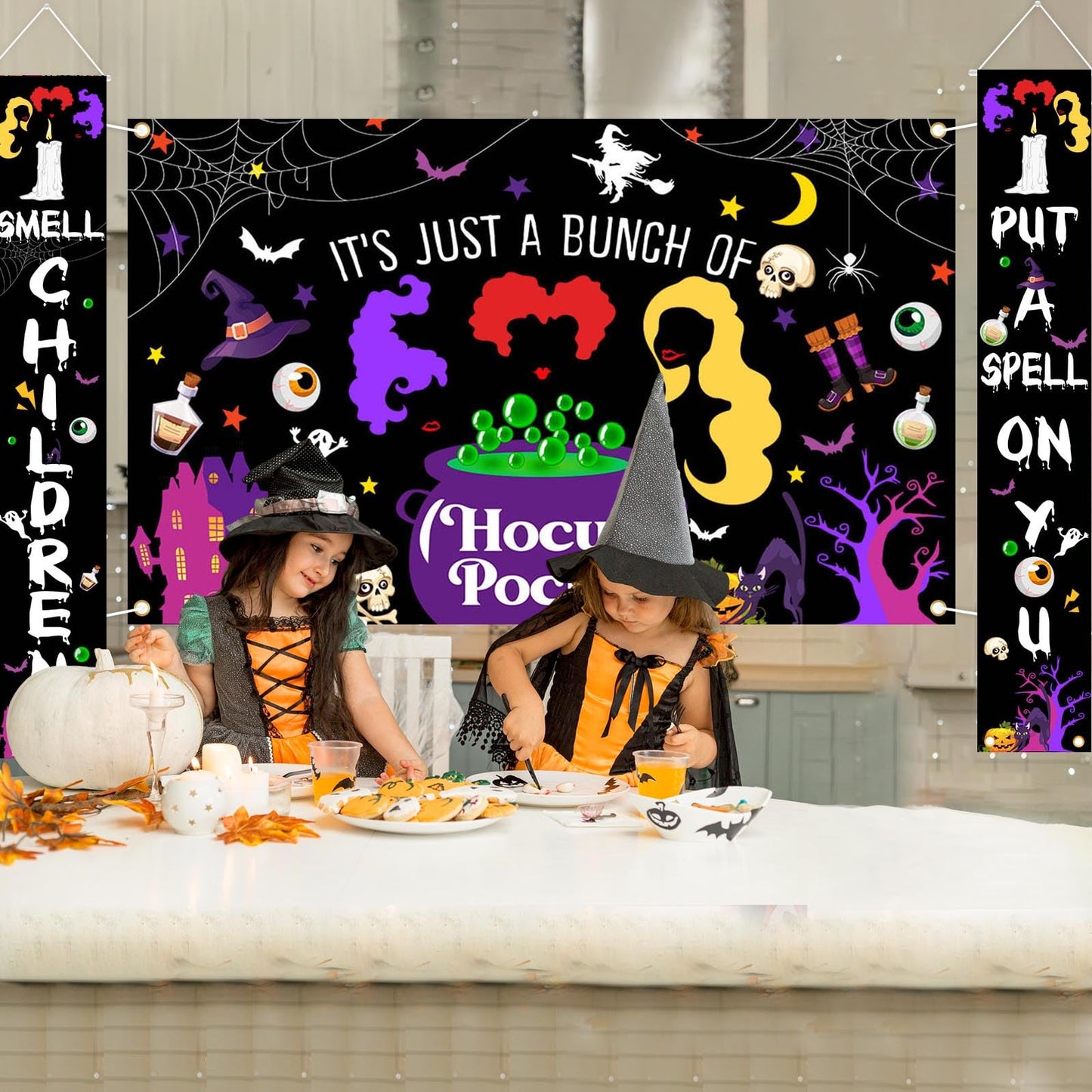 Avezano Halloween Decorations 3Pcs Hocus Pocus Door Banner Witches Door Cover Hocus Pocus Halloween Baby Shower Decorations Indoor Outdoor