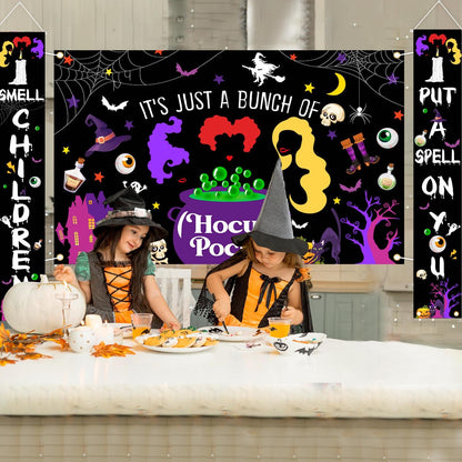 Avezano Halloween Decorations 3Pcs Hocus Pocus Door Banner Witches Door Cover Hocus Pocus Halloween Baby Shower Decorations Indoor Outdoor