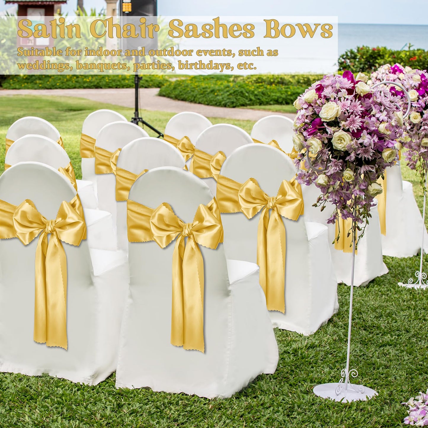 Eychei 12pcs Gold Satin Chair Sashes & Bows, 7x108in Chair Bow Ties for Wedding, Party, Banquet, Restaurant, Hotel Events