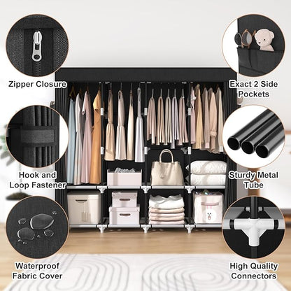 VTRIN Portable Closet for Hanging Clothes 67 Inch Wide Large Capacity Portable Wardrobe Closet with Cover, 4 Storage Shelves and 4 Hanging Rod Sturdy Free Standing Closet for Bedroom, Black