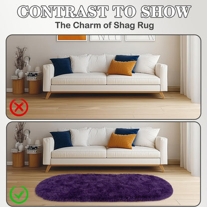 Soft Fluffy Area Rug for Bedroom, Purple Fuzzy Shaggy Oval Throw Rugs for Bedside, Non-Slip Cozy Plush Shag Carpet for Girls Kids Room Nursery Dorm Living Room, 2.6 x 5.3 Feet