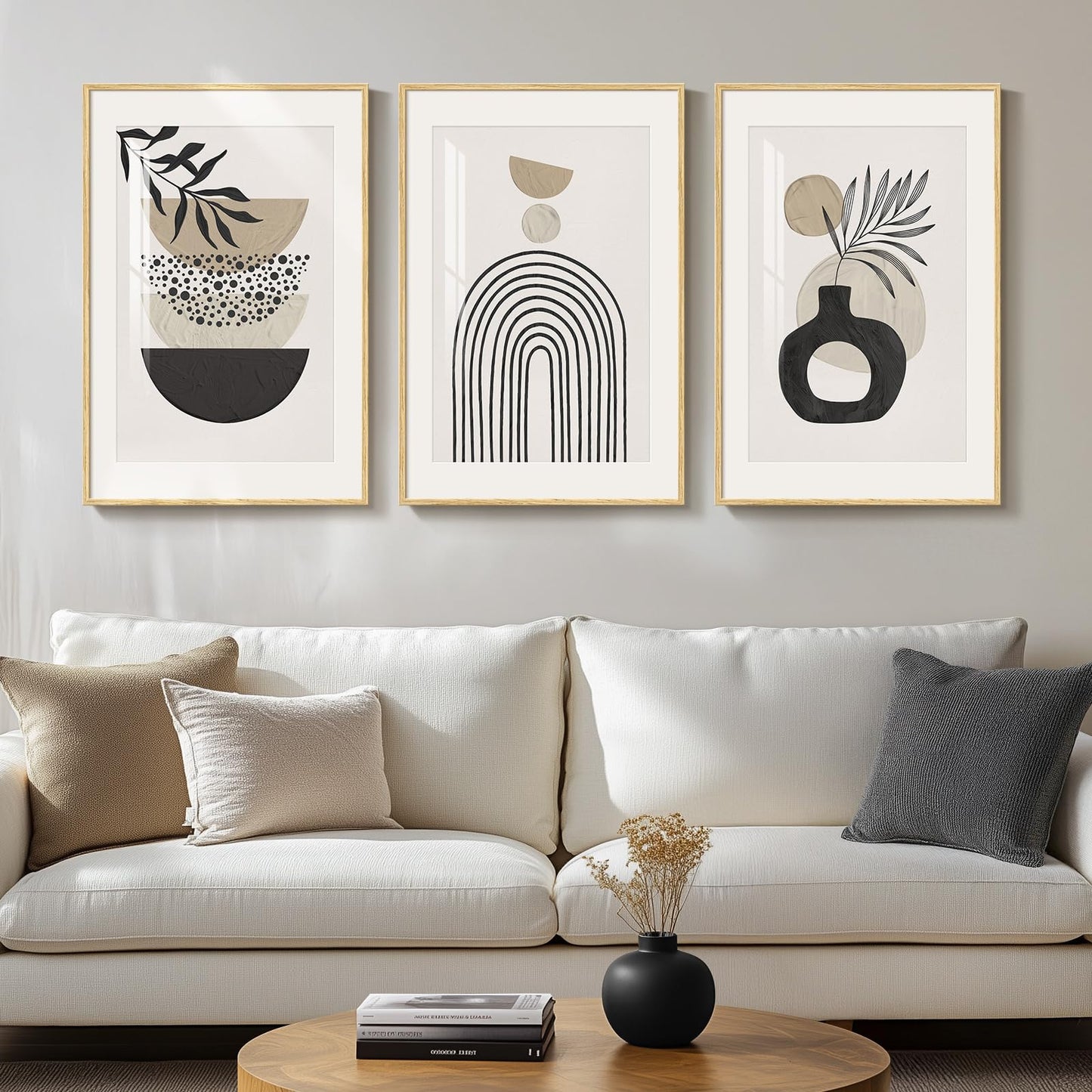 Framed Boho Sage Green Wall Art for Living Room, Large Mid Century Modern Tropical Leaf Canvas Artwork for Walls, 3 Piece Beige Orange Bohemian Wall Art Prints for Bedroom Kitchen Hallway, 16x24 Inch