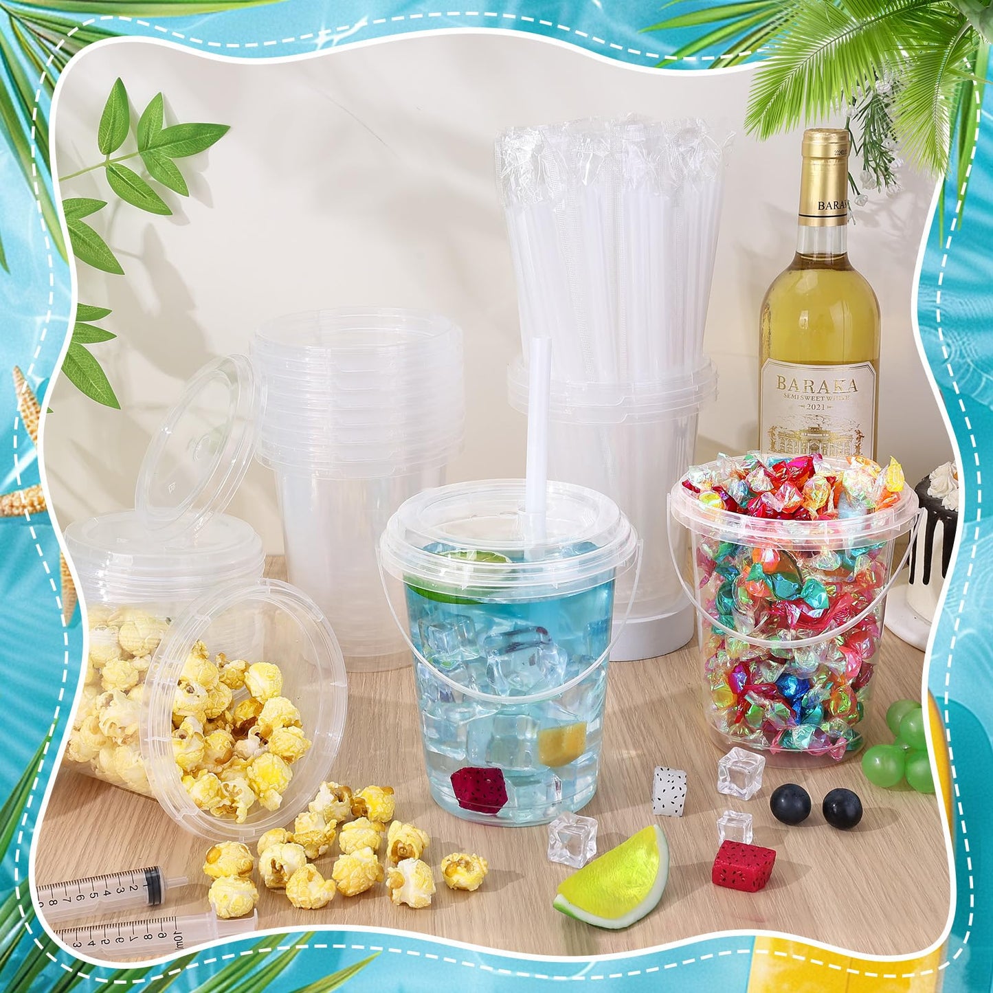 34oz Drink Buckets with Lids & Straws, 30 Pack Clear Party Buckets