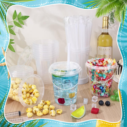 34oz Drink Buckets with Lids & Straws, 30 Pack Clear Party Buckets