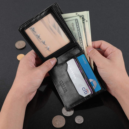 LYOOMALL Wallet for Men, Large Capacity Genuine Leather RFID Blocking Bifold Wallet/Credit Card Holder for Men, with Coin Pocket, Zipper Cash Pocket, ID Window and 10 Card Slots (Black)