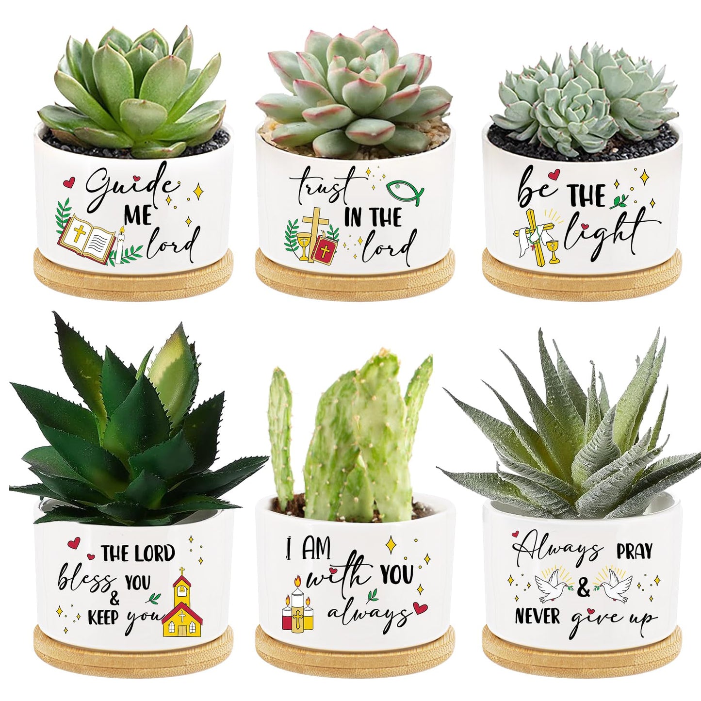 Tarklanda 6Pcs Christian Gifts Plant Pot, Bible Verse Succulent Pots Mini Ceramic Flower Planters Pot with Bamboo Tray Thank You Religious Gift for Mother Teacher, Plant Not Included