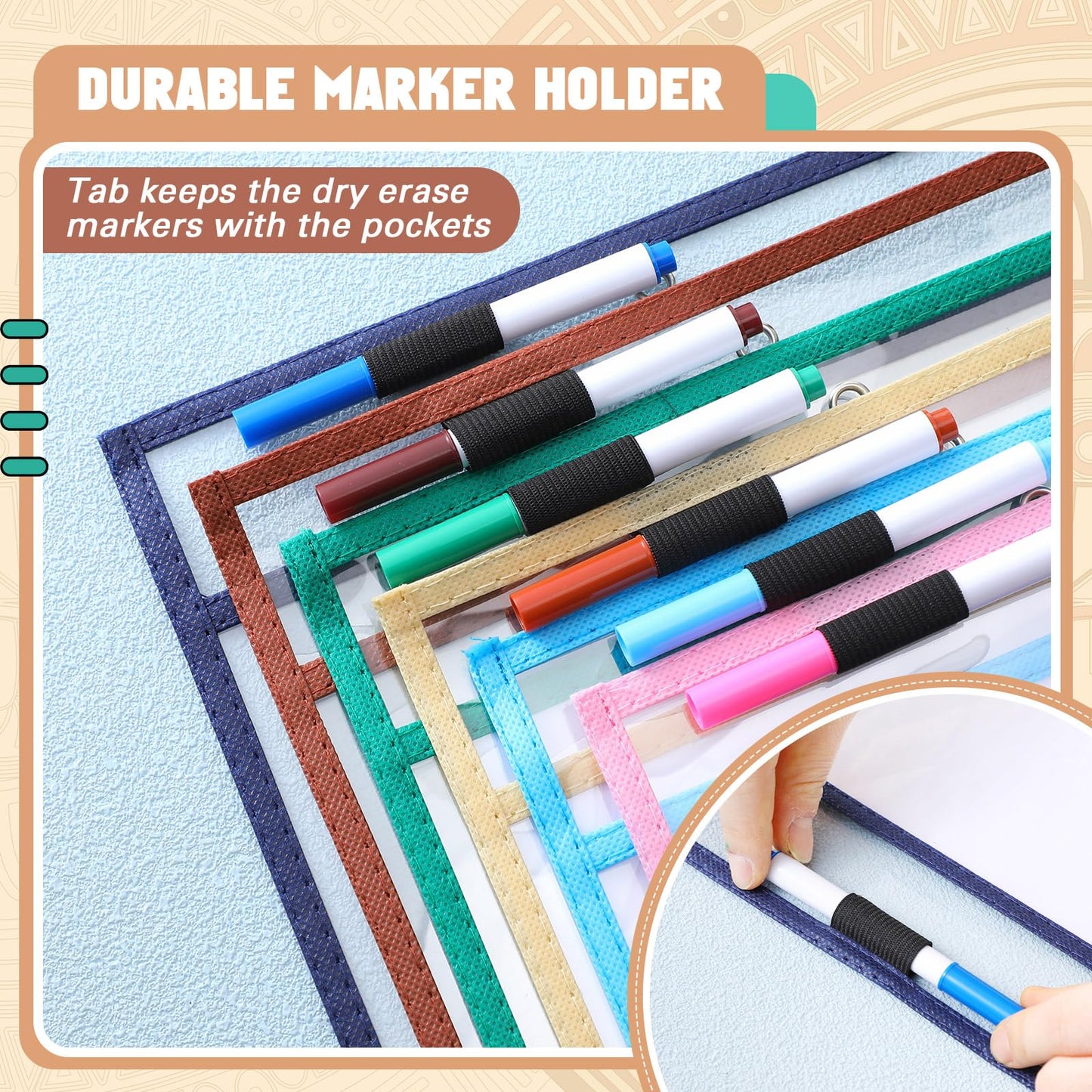 24 Pcs Dry Erase Pocket Reusable Sleeves 10" x 14" Clear Plastic Sheet Protectors with Markers and Mini Dry Erasers for Paper(Advanced Boho)