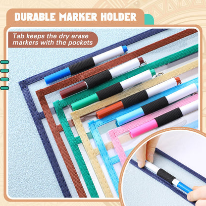 24 Pcs Dry Erase Pocket Reusable Sleeves 10" x 14" Clear Plastic Sheet Protectors with Markers and Mini Dry Erasers for Paper(Advanced Boho)