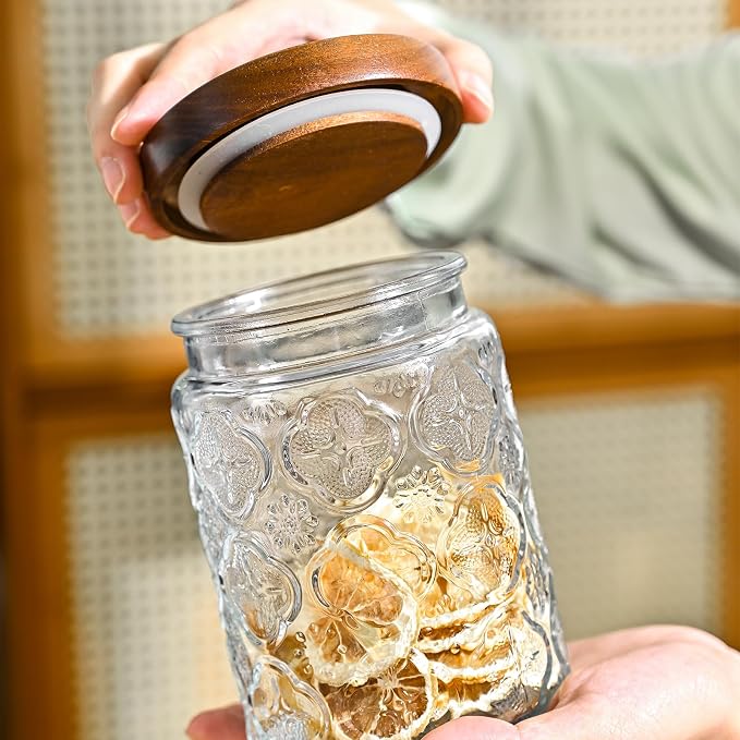 Adodeen 24oz Vintage Glass Canister With Lid Small Glass Jars Wide Mouth Mason Jars Airtight Coffee Canisters Kitchen Storage Containers For Sugar Tea Spice Flour Candy Cookie Cereal Cute Decorative