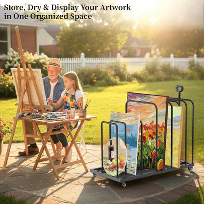 Tredre Art Storage Rack with Handle & Wheels, Adjustable Metal Art Drying Painting Rack, Large Canvas Storage Display Stand for Drawing Boards, Panel, Crafts, Art Studio, Classroom and Gallery