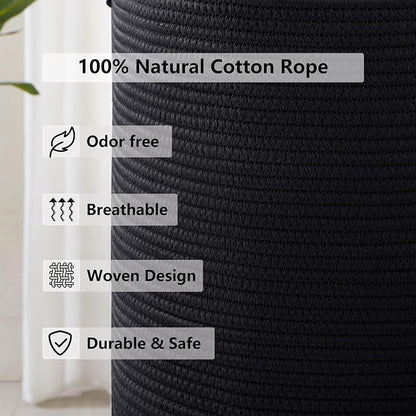 80L Extra Large Black Laundry Hamper Tall Woven Rope Laundry Basket for Clothes Modern Blanket Storage Basket in Living Room Bedroom 16"L x 16"W x 22"H
