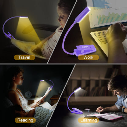 Gritin 9 LED Rechargeable Book Light for Reading in Bed - Eye Caring 3 Color Temperatures,Stepless Dimming Brightness,80 Hrs Runtime Small Lightweight Clip On Book Reading Light for Studying