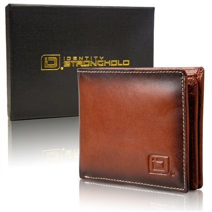 ID Stronghold Extra Capacity Bifold Wallet for Men - RFID Blocking Genuine Leather Wallet (Antiqued Brown)