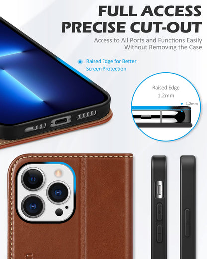 SHIELDON Case for iPhone 13 Pro 5G, Genuine Leather Folio Wallet Magnetic Shock Absorbing Case RFID Blocking Credit Card Holder Kickstand Compatible with iPhone 13 Pro 6.1" - Retro Brown