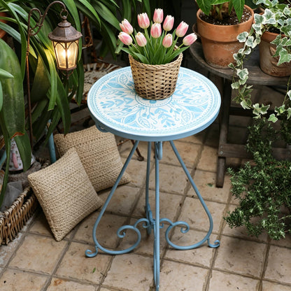 Zorvynelle Mosaic Outdoor Side Table 14" Diameter Metal Round Plant Stand Ceramic Tile Round Table Garden Patio Side Table for Flower Pots Vase Home Decor (Flower#1)
