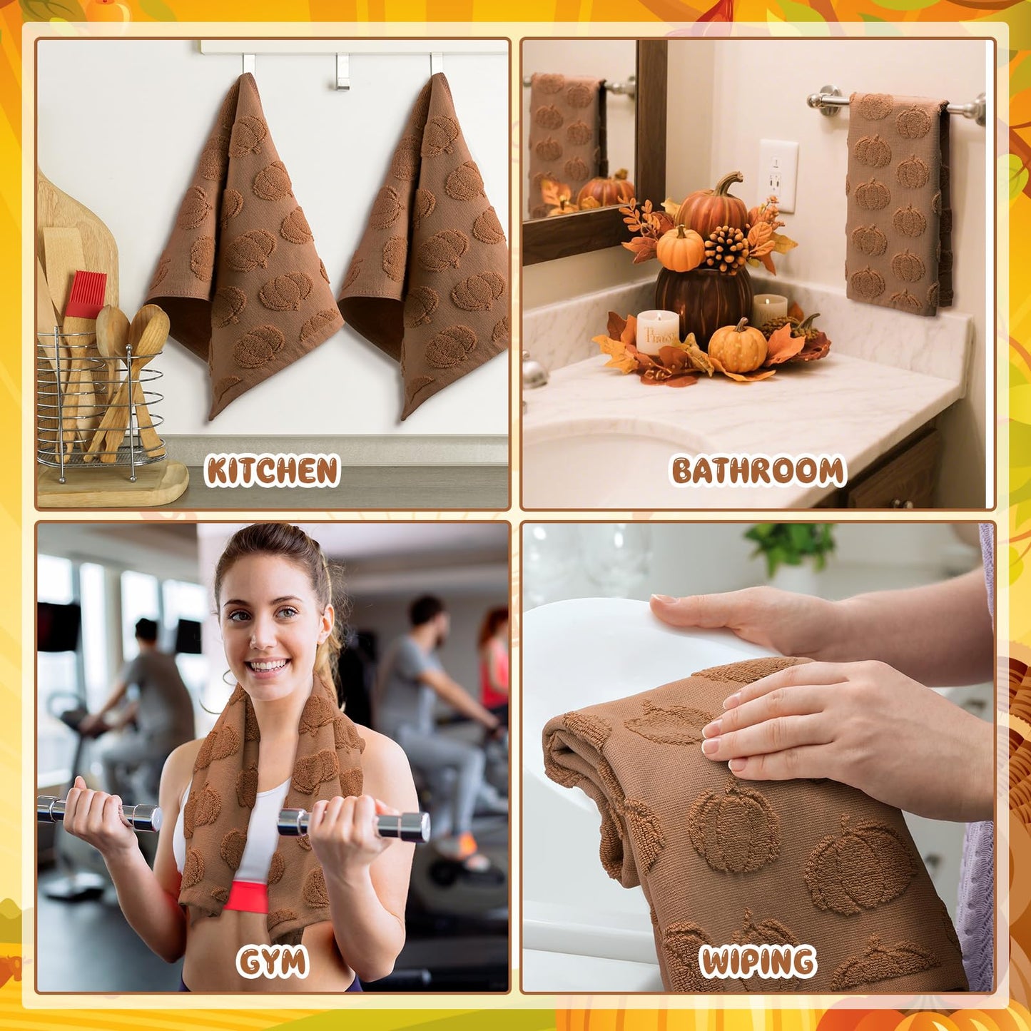 Mindsoft 2 Pcs 3D Brown Pumpkin Jacquard Fall Hand Towels for Bathroom Pumpkin Towels Thanksgiving 100% Cotton Soft Absorbent Decorative Weave Bathroom Decor Gift, 13.7 x 29.5 Inch