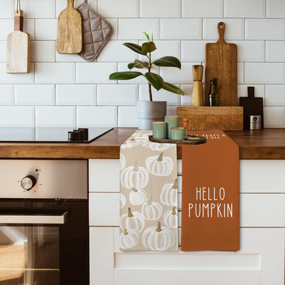 XNXLDYLH Fall Hello Pumpkin Kitchen Towels and Dishcloths Sets of 2, Fall Burnt Orange Beige White Pumpkin Decor Dish Hand Tea Towels Gifts for Bathroom Kitchen, Autumn Aesthetic Fall Decor, 16x24 in