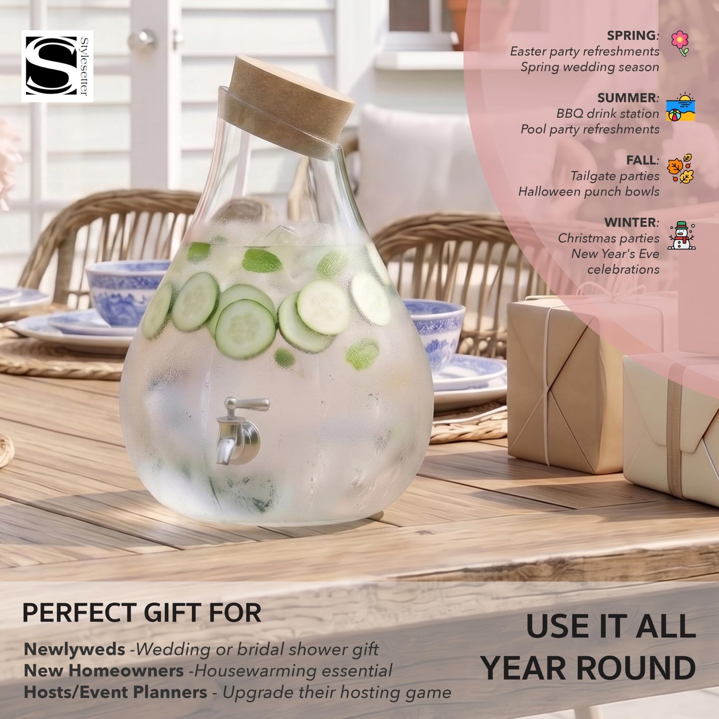 Style Setter Beverage Dispenser Cold Drink Dispenser Glass Jug, Metal Stand & Leak-Proof Acrylic Spigot Great for Parties, Weddings & More (2.5 Gallon, Glass with Cork Lid)