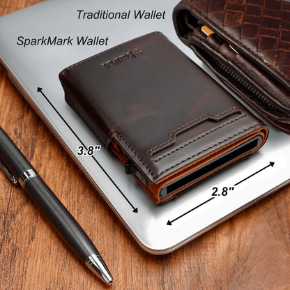 SparkMark Minimalist Pop Up Wallet for Men | RFID Blocking Credit Card Holder Wallet with Money Clip | Mens Wallet Slim Bifold Front Pocket Metal Case with Gift Box (Genuine Full Grain Leather)