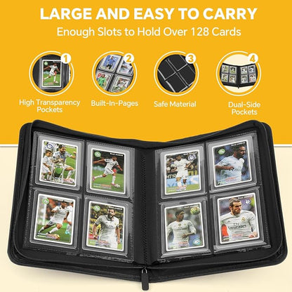 Toploader Binder,Toploader Hard Cases, 4-Pocket Pages Sleeves Hold up 128 Cards.Toploader Card Binder with Sleeves for “3×4” rigid，Card Holder(blue)