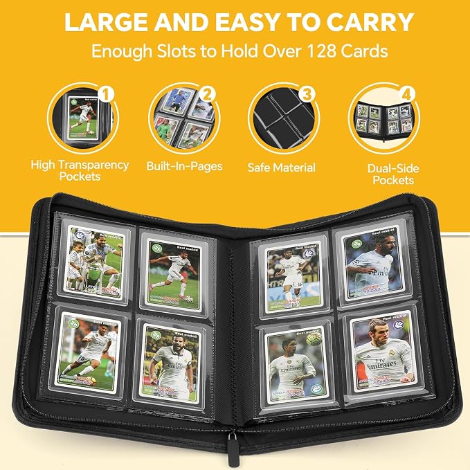 Toploader Binder, 4 Pocket Trading Card Binder Holds 128 Top Loaders, Premium Zipper Card Storage Case with Double-Sided Pockets for 3x4'' Toploaders, TCG, MTG, Sports Cards.(Hermes Orange)