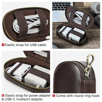 Hiram Handmade Full Grain Oil Bead Leather Tech Pouch – Digital Accessories Travel Case Portable Tech Organizer with Elastic Straps for USB Cables for Business Travel & EDC