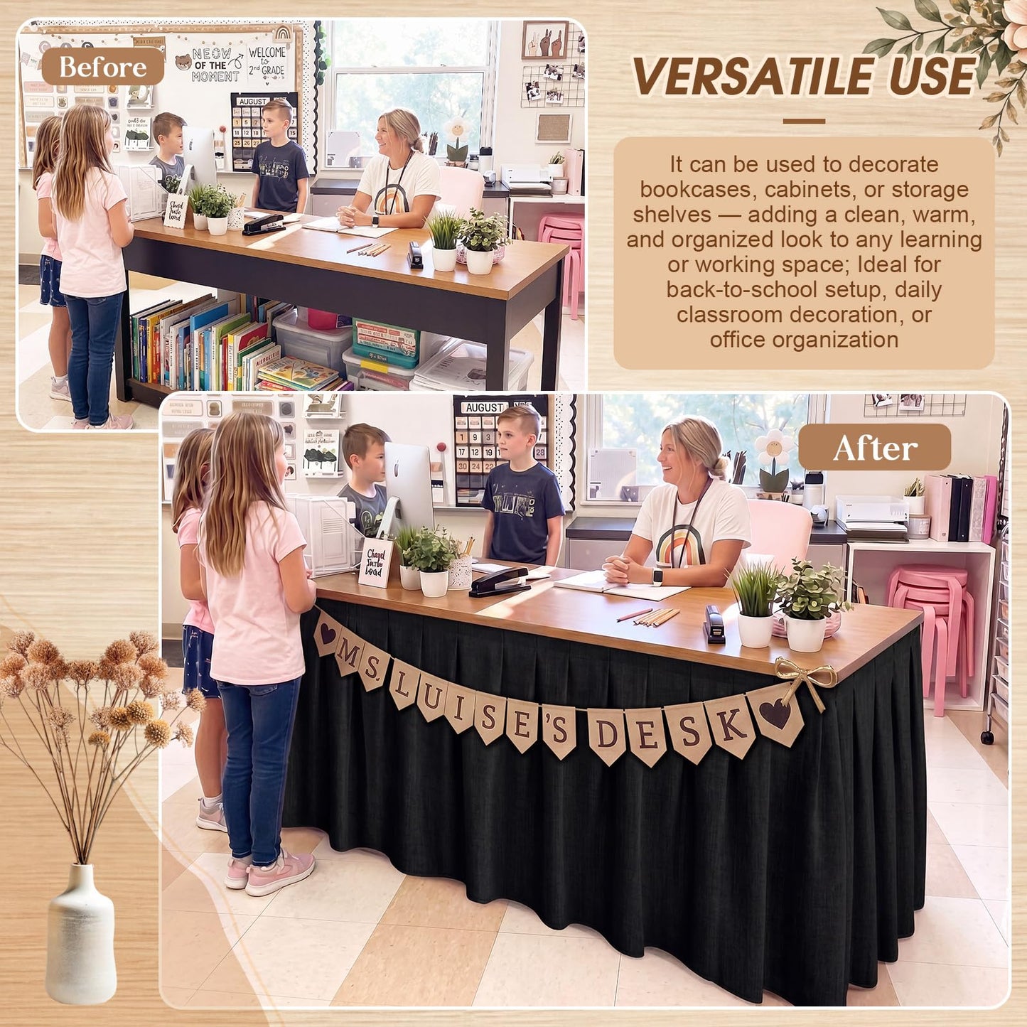 Tingjoo Black 9 ft X 30'' Teacher Desk Skirts Linen Textured Desk Tablecloth Skirts Pleated Office Decor Back to School Supplies for Classroom School Office Rectangular Round Table Cover