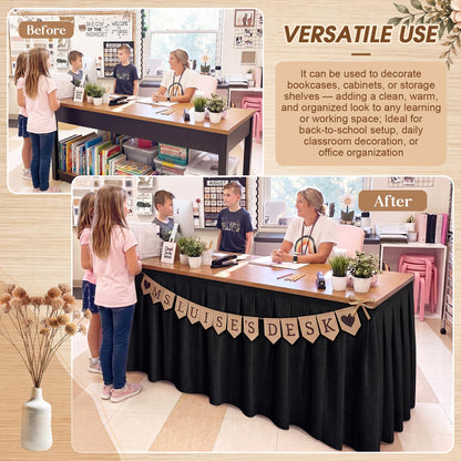 Tingjoo Black 9 ft X 30'' Teacher Desk Skirts Linen Textured Desk Tablecloth Skirts Pleated Office Decor Back to School Supplies for Classroom School Office Rectangular Round Table Cover