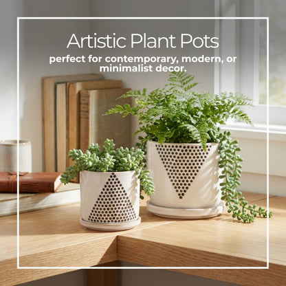 Set of 2 Geometric Decorative Ceramic Planter Pots with Saucer – Stoneware Outdoor Decor, Indoor Plant Pots with Drainage – Triangle Dot Design, Home Decor Ceramic Planters – 7" & 5", White