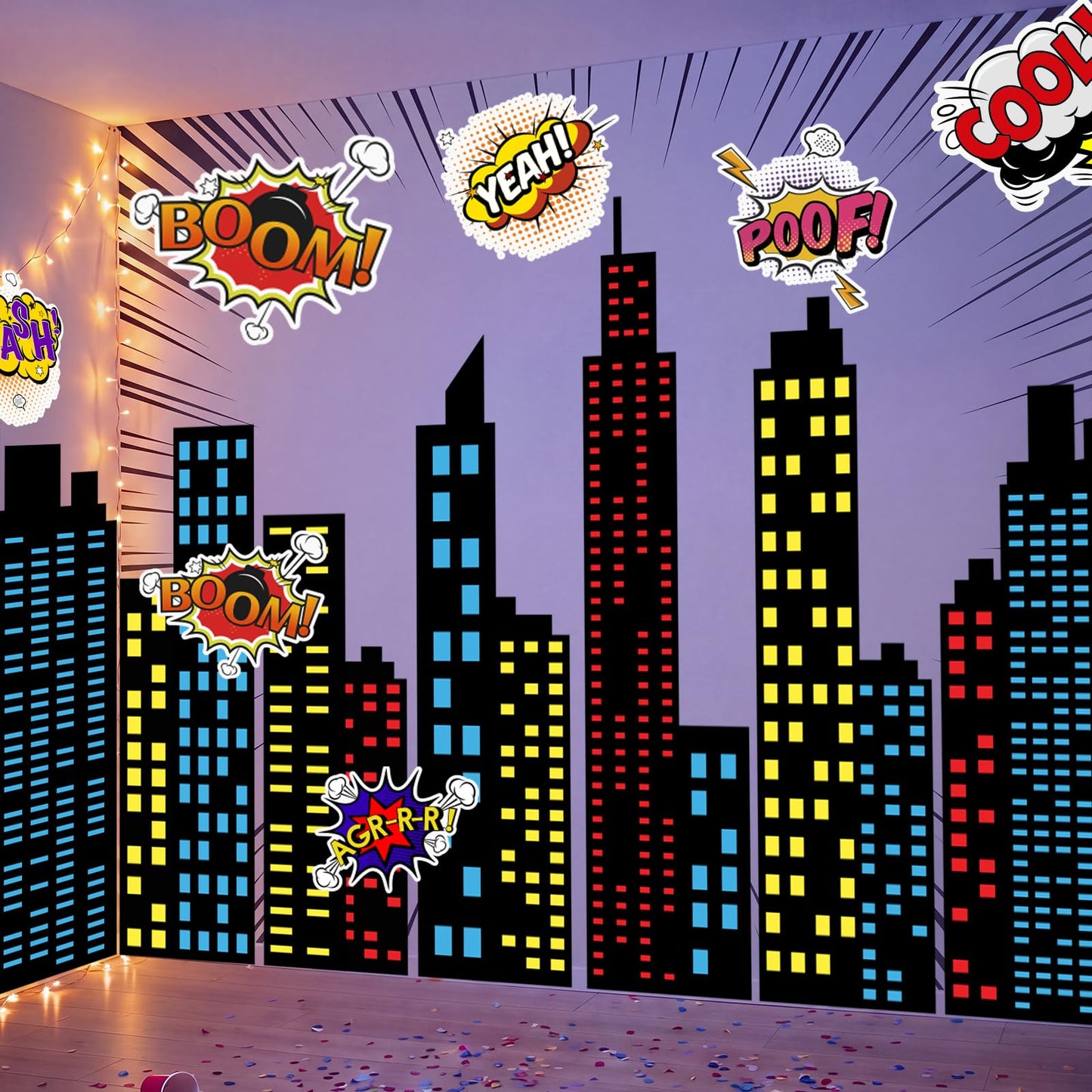 Crtiin 19 Pcs Large Hero Theme City Skyline Wall Decal 12 Comic Words and 7 Large Cityscape Wall Decal Art New York Skyline Hero for Birthday Classroom Backdrop Back to School Hallway Blackboard