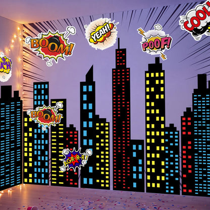 Crtiin 19 Pcs Large Hero Theme City Skyline Wall Decal 12 Comic Words and 7 Large Cityscape Wall Decal Art New York Skyline Hero for Birthday Classroom Backdrop Back to School Hallway Blackboard