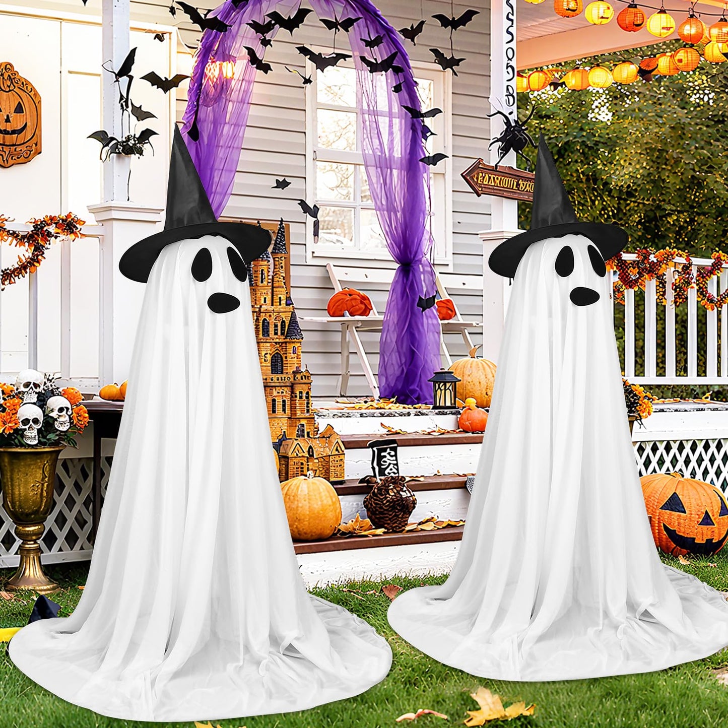 Bensbl 2Pcs Outdoor Ghost Decorations Light Up Standing Ghosts with String Lights 3 Expressions and 2 Witch Hats for Front Porch Yard Lawn Haunted House Decor