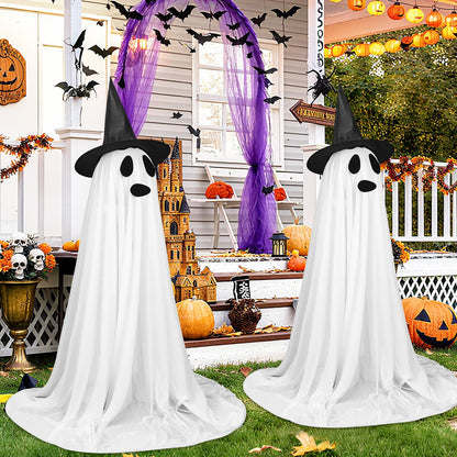 Bensbl 2Pcs Outdoor Ghost Decorations Light Up Standing Ghosts with String Lights 3 Expressions and 2 Witch Hats for Front Porch Yard Lawn Haunted House Decor