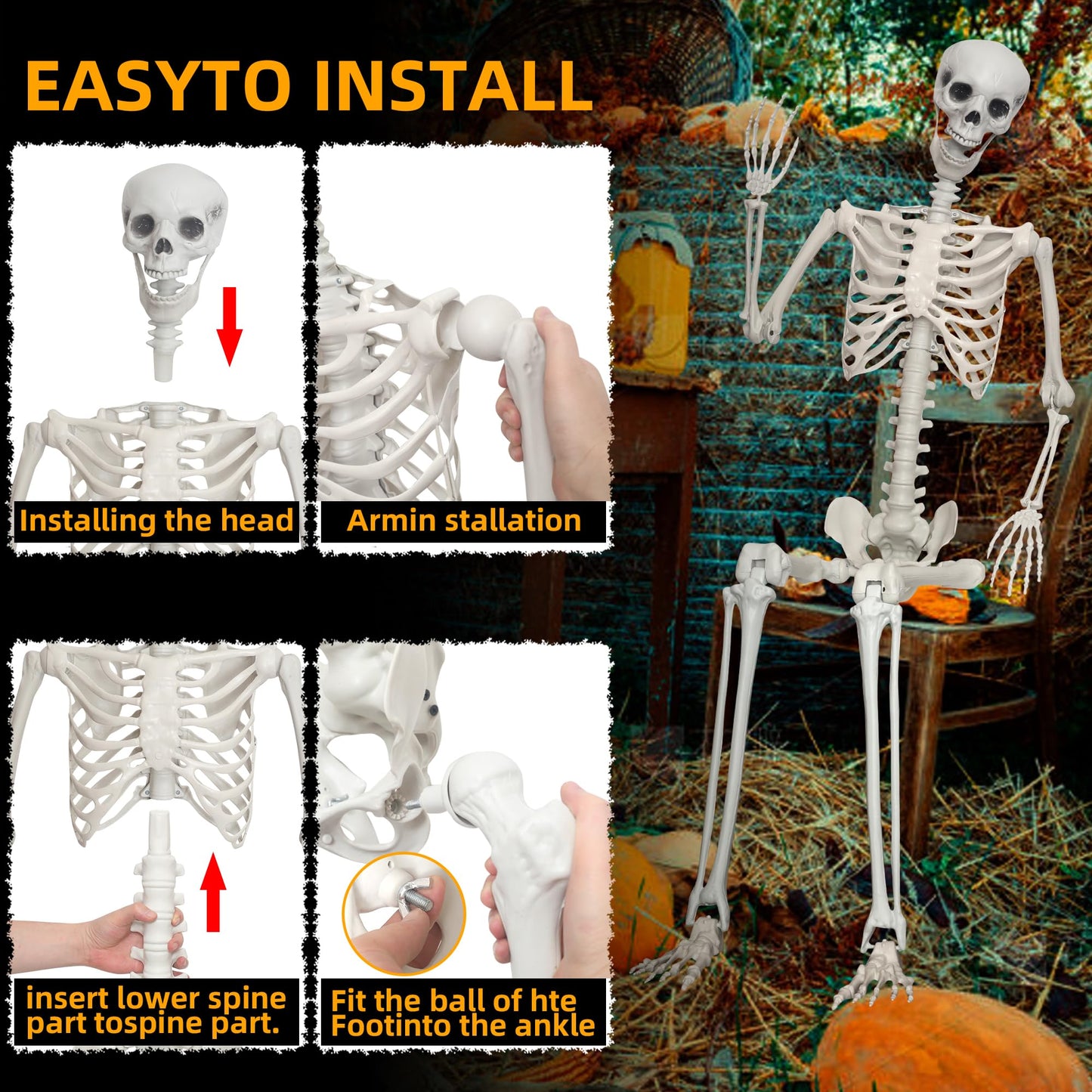 LOSFOTBO 5.9Ft/180cm Giant Skeleton Poseable Skeleton Realistic Full Body Bones for Halloween Decorations
