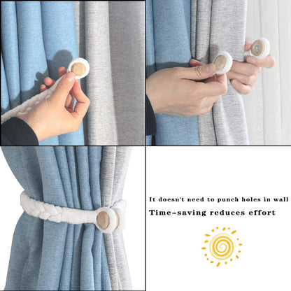Porlau 4 Pack White Magnetic Soft Curtain Tiebacks Cotton Hand-Woven Tieback Holdback Home Decorative Tie Backs with Wooden Buckle for Home Office Decor