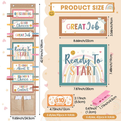 Pasimy 59 Pcs Student Behavior Clip Chart for Classroom Management Kids Track Reward Incentive Behavior Pocket Chart Boho Bulletin Board Teacher Supplies for School Office(Vibrant)